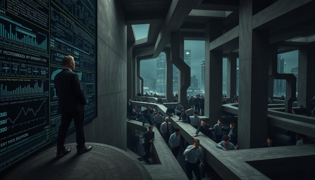 A dramatic scene depicting a labyrinthine architectural structure symbolizing "withdrawal walls" within the cryptocurrency market. In the foreground, a professional figure in business attire examines a wall covered with complex digital codes and graphs, representing the opaque mechanics of Ponzi schemes. The middle ground features numerous frightened investors struggling to navigate through the intricate pathways of the structure, their expressions reflecting confusion and concern. The background reveals a dimly lit cityscape, with shadows and towering buildings emphasizing a sense of entrapment. Use soft, diffused lighting to create an eerie, suspenseful atmosphere, highlighting the tension and danger surrounding liquidity traps in cryptocurrency schemes. The angle should be slightly tilted to enhance the feeling of instability.