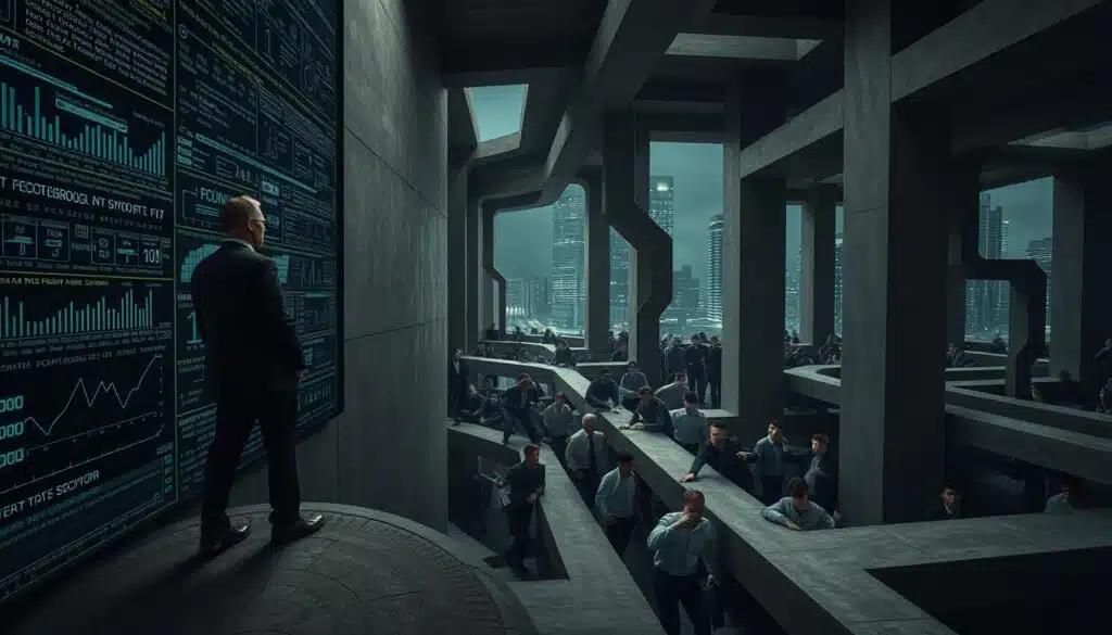 A dramatic scene depicting a labyrinthine architectural structure symbolizing "withdrawal walls" within the cryptocurrency market. In the foreground, a professional figure in business attire examines a wall covered with complex digital codes and graphs, representing the opaque mechanics of Ponzi schemes. The middle ground features numerous frightened investors struggling to navigate through the intricate pathways of the structure, their expressions reflecting confusion and concern. The background reveals a dimly lit cityscape, with shadows and towering buildings emphasizing a sense of entrapment. Use soft, diffused lighting to create an eerie, suspenseful atmosphere, highlighting the tension and danger surrounding liquidity traps in cryptocurrency schemes. The angle should be slightly tilted to enhance the feeling of instability. A dramatic scene depicting a labyrinthine architectural structure symbolizing "withdrawal walls" within the cryptocurrency market. In the foreground, a professional figure in business attire examines a wall covered with complex digital codes and graphs, representing the opaque mechanics of Ponzi schemes. The middle ground features numerous frightened investors struggling to navigate through the intricate pathways of the structure, their expressions reflecting confusion and concern. The background reveals a dimly lit cityscape, with shadows and towering buildings emphasizing a sense of entrapment. Use soft, diffused lighting to create an eerie, suspenseful atmosphere, highlighting the tension and danger surrounding liquidity traps in cryptocurrency schemes. The angle should be slightly tilted to enhance the feeling of instability.