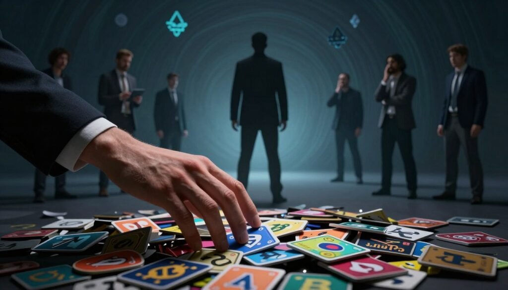 A dramatic scene illustrating the concept of "rug pulls" in the NFT market. In the foreground, a large, ominous hand reaches down toward a colorful, chaotic pile of digital art pieces, symbolizing NFTs. The middle ground features a shadowy figure in a suit, representing a deceptive developer, casting a long shadow over unsuspecting investors in casual business attire, who appear confused and alarmed by the sudden loss of their digital assets. The background is a dark, swirling gradient with abstract blockchain symbols, suggesting a sense of instability and chaos in the Web3 environment. The lighting is moody, with a spotlight illuminating the NFTs while the rest of the scene remains in shadow, creating a tense atmosphere that evokes a feeling of impending loss and deception.
