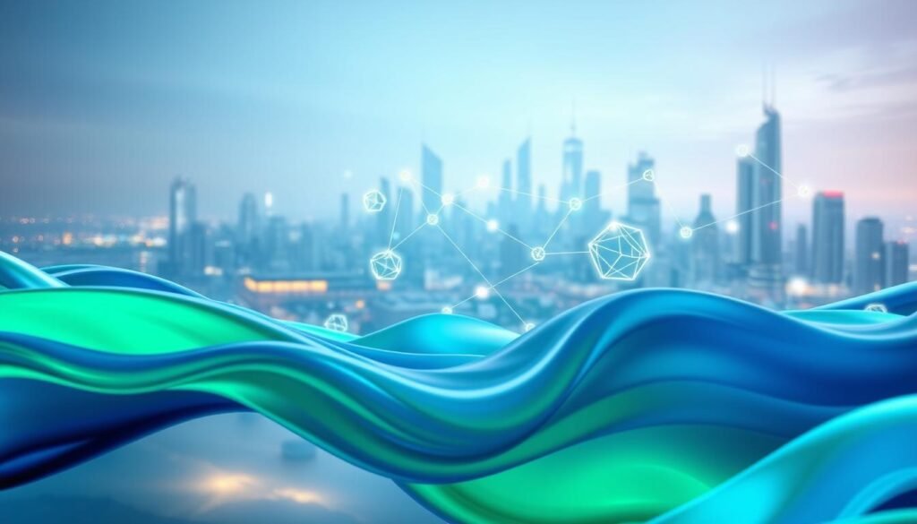 A dynamic and abstract representation of liquidity in the context of decentralized finance, showcasing smooth, flowing shapes that symbolize the seamless transition of assets. In the foreground, depict liquid streams of vibrant blue and green hues swirling together, signifying the efficiency of transactions. In the middle ground, incorporate transparent geometric shapes representing tokens and cryptocurrency, interconnected with glowing lines to illustrate a network. The background should feature a futuristic city skyline with soft, ethereal lighting, casting a serene ambiance. Use a wide-angle perspective to create depth, emphasizing the movement and fluidity. The overall mood is optimistic and innovative, reflecting the advantages of Loopring zkrollup technology over traditional exchanges. A dynamic and abstract representation of liquidity in the context of decentralized finance, showcasing smooth, flowing shapes that symbolize the seamless transition of assets. In the foreground, depict liquid streams of vibrant blue and green hues swirling together, signifying the efficiency of transactions. In the middle ground, incorporate transparent geometric shapes representing tokens and cryptocurrency, interconnected with glowing lines to illustrate a network. The background should feature a futuristic city skyline with soft, ethereal lighting, casting a serene ambiance. Use a wide-angle perspective to create depth, emphasizing the movement and fluidity. The overall mood is optimistic and innovative, reflecting the advantages of Loopring zkrollup technology over traditional exchanges.