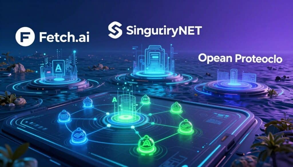 A dynamic and futuristic digital landscape showcasing the three blockchain projects: Fetch.ai, SingularityNET, and Ocean Protocol. In the foreground, a sleek, modern interface displaying interconnected nodes and algorithms, symbolizing AI and blockchain technology, with vibrant colors like electric blue and neon green. In the middle ground, abstract representations of AI and decentralized data sources, with flowing data streams and visual elements that hint at their unique functionalities. The background features a stylized, tech-inspired ocean, signifying Ocean Protocol’s focus on data sharing and monetization, extending into deep blues and purples. The lighting is bright and high-tech, creating a sense of innovation and collaboration. The angle is slightly elevated, capturing the depth and complexity of the ecosystem while maintaining a professional atmosphere.