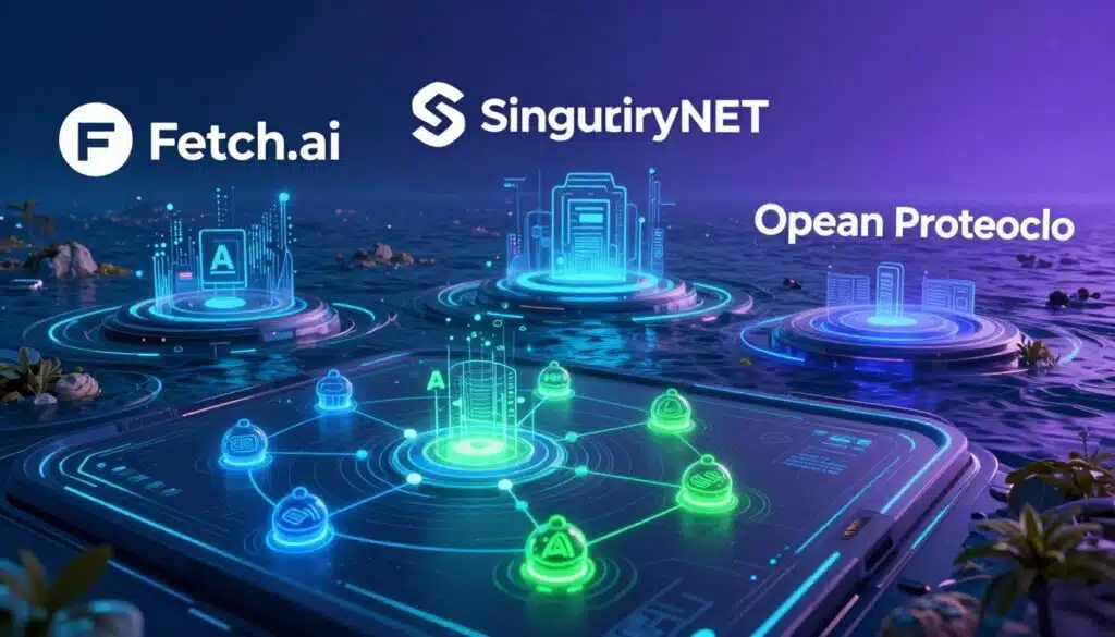 A dynamic and futuristic digital landscape showcasing the three blockchain projects: Fetch.ai, SingularityNET, and Ocean Protocol. In the foreground, a sleek, modern interface displaying interconnected nodes and algorithms, symbolizing AI and blockchain technology, with vibrant colors like electric blue and neon green. In the middle ground, abstract representations of AI and decentralized data sources, with flowing data streams and visual elements that hint at their unique functionalities. The background features a stylized, tech-inspired ocean, signifying Ocean Protocol’s focus on data sharing and monetization, extending into deep blues and purples. The lighting is bright and high-tech, creating a sense of innovation and collaboration. The angle is slightly elevated, capturing the depth and complexity of the ecosystem while maintaining a professional atmosphere. A dynamic and futuristic digital landscape showcasing the three blockchain projects: Fetch.ai, SingularityNET, and Ocean Protocol. In the foreground, a sleek, modern interface displaying interconnected nodes and algorithms, symbolizing AI and blockchain technology, with vibrant colors like electric blue and neon green. In the middle ground, abstract representations of AI and decentralized data sources, with flowing data streams and visual elements that hint at their unique functionalities. The background features a stylized, tech-inspired ocean, signifying Ocean Protocol’s focus on data sharing and monetization, extending into deep blues and purples. The lighting is bright and high-tech, creating a sense of innovation and collaboration. The angle is slightly elevated, capturing the depth and complexity of the ecosystem while maintaining a professional atmosphere.
