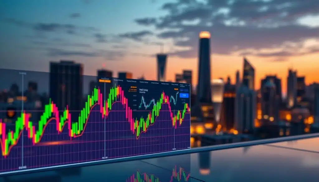A dynamic and informative image depicting a "Moving Average" concept within the context of cryptocurrency trading. In the foreground, showcase a colorful, stylized line graph illustrating a moving average trend, with vibrant colors representing price fluctuations of various cryptocurrencies. In the middle ground, integrate a sleek digital interface displaying data and analytics, adorned with charts and candlestick patterns. The background should present a soft-focus city skyline at dusk, evoking a modern financial atmosphere, with warm, ambient lighting highlighting the trading world. Capture the essence of momentum and clarity, using a slight upward angle to emphasize growth. Aim for a professional and engaging mood that encapsulates the importance of moving averages in trend analysis.