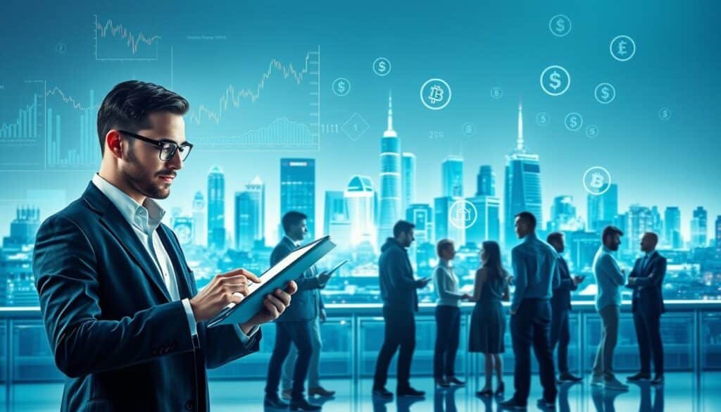 A dynamic and visually appealing representation of cryptocurrency market drivers. In the foreground, display a confident business professional in smart attire, analyzing data on a digital tablet, surrounded by holographic graphs and charts illustrating cryptocurrency trends. The middle layer features a diverse group of people engaged in discussions, exchanging ideas, and analyzing market fluctuations, showcasing a collaborative atmosphere. In the background, an abstract city skyline merges with digital elements, like blockchain icons and currency symbols, illuminated by the glow of screens and neon lights. Use a cool color palette with soft blue and green hues, emphasizing a tech-savvy and innovative mood. The lighting should be bright yet soft, giving a sense of optimism and forward-thinking in the digital finance landscape.
