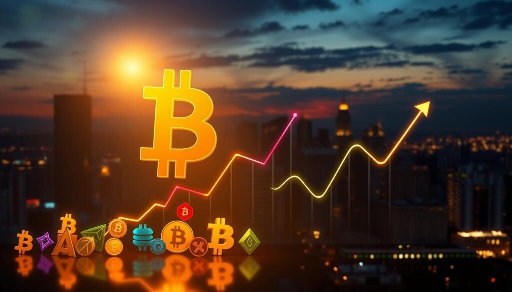 A dynamic and visually striking illustration of "bitcoin dominance" depicted as a large, shining Bitcoin symbol positioned prominently in the foreground, glowing with golden light. Below it, a series of smaller altcoin symbols in various colors reflect a sense of movement and transition. In the middle ground, a stylized graph with upward and downward trends portrays the fluctuating market dominance, with vibrant colors indicating changes. The background features a city skyline at dusk, with warm lights coming on, representing the financial world and its constant activity. Utilize dramatic lighting to create a contrast between the Bitcoin symbol and the darker background, evoking a sense of anticipation and energy, while the overall atmosphere conveys the seriousness and impact of market changes on altcoin potential. A dynamic and visually striking illustration of "bitcoin dominance" depicted as a large, shining Bitcoin symbol positioned prominently in the foreground, glowing with golden light. Below it, a series of smaller altcoin symbols in various colors reflect a sense of movement and transition. In the middle ground, a stylized graph with upward and downward trends portrays the fluctuating market dominance, with vibrant colors indicating changes. The background features a city skyline at dusk, with warm lights coming on, representing the financial world and its constant activity. Utilize dramatic lighting to create a contrast between the Bitcoin symbol and the darker background, evoking a sense of anticipation and energy, while the overall atmosphere conveys the seriousness and impact of market changes on altcoin potential.