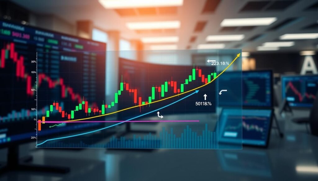 A dynamic chart illustrating Fibonacci retracement levels in a stock market analysis. In the foreground, a sleek digital graph displays key Fibonacci lines in vibrant colors (23.6%, 38.2%, 50%, 61.8%, and 100%) plotted against a backdrop of fluctuating stock prices. In the middle, a candlestick chart shows price movements, with arrows indicating shallow pullbacks and deeper tests. The background features a blurred office environment with monitors displaying financial data, creating a professional atmosphere. Soft, focused lighting highlights the graph, evoking a sense of analytical precision. The angle is slightly tilted, giving a comprehensive view of both the chart and environment, inviting viewers into the complex world of market analysis.