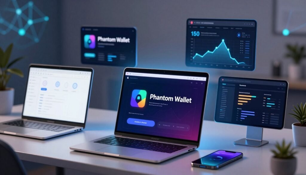 A dynamic composition comparing Phantom Wallet to other crypto wallets. In the foreground, prominently feature the sleek Phantom Wallet interface on a glowing digital screen, showcasing its user-friendly design with vibrant colors. Surrounding it, create various other crypto wallets, represented as contrasting, more complex interfaces with various icons and graphs. In the middle ground, depict a modern workspace with a stylish desk, laptops, and smartphones, reflecting a tech-savvy atmosphere. The background should have soft-focus elements, like abstract blockchain patterns, enhancing a digital financial theme. Use soft, ambient lighting to create a professional and inviting mood, with a slight depth of field to emphasize the Phantom Wallet in sharp focus. The image should evoke a sense of innovation and clarity in cryptocurrency management. A dynamic composition comparing Phantom Wallet to other crypto wallets. In the foreground, prominently feature the sleek Phantom Wallet interface on a glowing digital screen, showcasing its user-friendly design with vibrant colors. Surrounding it, create various other crypto wallets, represented as contrasting, more complex interfaces with various icons and graphs. In the middle ground, depict a modern workspace with a stylish desk, laptops, and smartphones, reflecting a tech-savvy atmosphere. The background should have soft-focus elements, like abstract blockchain patterns, enhancing a digital financial theme. Use soft, ambient lighting to create a professional and inviting mood, with a slight depth of field to emphasize the Phantom Wallet in sharp focus. The image should evoke a sense of innovation and clarity in cryptocurrency management.