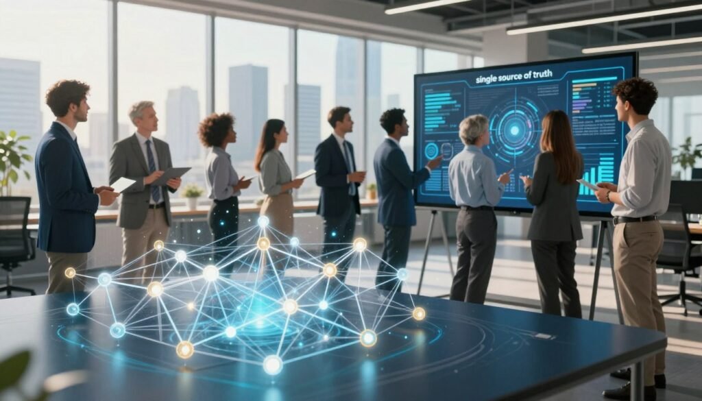 A dynamic composition representing a "single source of truth" in an enterprise blockchain context. In the foreground, a transparent blockchain structure with glowing nodes, symbolizing data integrity and interconnectedness. In the middle ground, a group of diverse business professionals in professional attire, engaged in discussion, analyzing digital screens filled with graphs and insights. The background showcases a modern office space with large windows revealing a city skyline, bathed in warm, natural light to create an inviting atmosphere. Use a wide-angle lens to capture the depth, and ensure a professional, optimistic mood. The overall color palette should be cool yet inviting, blending blues and greens with accents of silver and gold to convey innovation and trust.