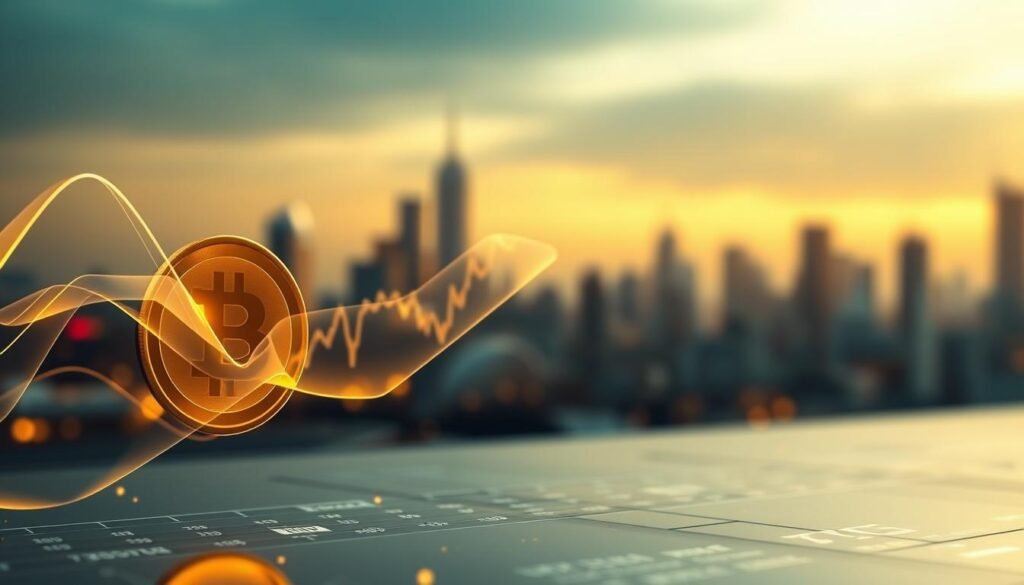 A dynamic digital illustration depicting the concept of "current price" and "circulating supply" in the cryptocurrency market. In the foreground, an abstract representation of a cryptocurrency coin, gleaming with a golden hue, symbolizes its current price. Adjacent to it, transparent, flowing lines illustrate the circulating supply, creating a sense of movement as they rise dynamically. In the middle ground, a chart or graph emerges, showcasing fluctuating prices with upward and downward trends, conveying market activity. The background features a city skyline subtly blurred, representing the global financial market. Soft, ambient lighting enhances the atmosphere, evoking a sense of modern finance and technological advancement. The composition is balanced, drawing the viewer's eye toward the key elements without any text or distractions.