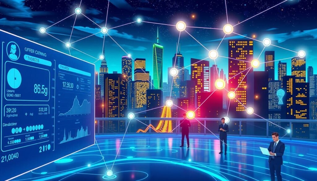 A dynamic digital illustration depicting various transactions within a blockchain ecosystem, showcasing vivid, interconnected nodes representing user and developer interactions. In the foreground, a semi-transparent screen displays animated transaction details with graphs and currency symbols, projecting a sense of action and clarity. The middle ground features virtual avatars of users in professional business attire, engaged in digital interactions on devices like laptops and tablets. The background is a stylized cityscape with glowing skyscrapers, symbolizing growth and scalability, under a futuristic sky illuminated with soft blue and green neon lights to enhance the technological atmosphere. The scene is captured with a wide-angle lens, emphasizing the interconnectedness of transactions. The overall mood is optimistic and forward-thinking, celebrating the benefits of modern blockchain solutions. A dynamic digital illustration depicting various transactions within a blockchain ecosystem, showcasing vivid, interconnected nodes representing user and developer interactions. In the foreground, a semi-transparent screen displays animated transaction details with graphs and currency symbols, projecting a sense of action and clarity. The middle ground features virtual avatars of users in professional business attire, engaged in digital interactions on devices like laptops and tablets. The background is a stylized cityscape with glowing skyscrapers, symbolizing growth and scalability, under a futuristic sky illuminated with soft blue and green neon lights to enhance the technological atmosphere. The scene is captured with a wide-angle lens, emphasizing the interconnectedness of transactions. The overall mood is optimistic and forward-thinking, celebrating the benefits of modern blockchain solutions.