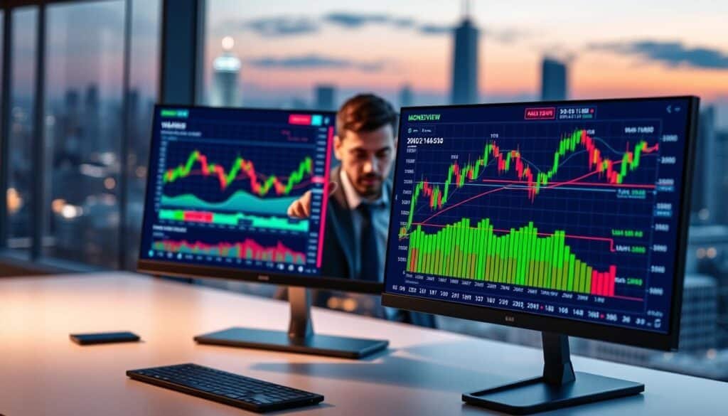 A dynamic digital visualization representing "momentum levels" in cryptocurrency trading. In the foreground, a sleek, modern office desk with a high-resolution monitor displaying vibrant TradingView crypto charts, showcasing candlestick patterns, momentum indicators, and breakout levels. The middle ground features a blurred view of a trading professional in business attire, analyzing the data with a focused expression. The background consists of a city skyline at dusk, illuminated by soft lights, creating a contrast between the busy urban environment and the focused atmosphere of the trading space. The lighting is soft yet bright, highlighting key data points on the screen. The overall mood is professional, energetic, and analytical, conveying a sense of urgency and opportunity in crypto trading. A dynamic digital visualization representing "momentum levels" in cryptocurrency trading. In the foreground, a sleek, modern office desk with a high-resolution monitor displaying vibrant TradingView crypto charts, showcasing candlestick patterns, momentum indicators, and breakout levels. The middle ground features a blurred view of a trading professional in business attire, analyzing the data with a focused expression. The background consists of a city skyline at dusk, illuminated by soft lights, creating a contrast between the busy urban environment and the focused atmosphere of the trading space. The lighting is soft yet bright, highlighting key data points on the screen. The overall mood is professional, energetic, and analytical, conveying a sense of urgency and opportunity in crypto trading.