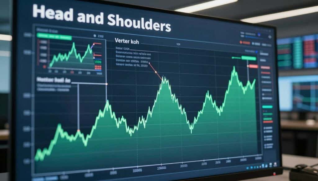 A dynamic financial chart displaying a “Head and Shoulders” reversal pattern prominently in the foreground, with clear peaks and troughs illustrating the potential shift in market sentiment. In the middle ground, multiple smaller annotations highlight different chart patterns, emphasizing the contrast between reversal and continuation setups. The background features a sleek, modern office environment with financial news screens and muted lighting, casting a professional and analytical atmosphere. Use a cinematic angle to enhance depth, focusing on the chart, and ensure the color palette is a mix of blues and greens, evoking trust and stability. The mood should be serious and insightful, suitable for educated readers engaged in technical analysis. A dynamic financial chart displaying a “Head and Shoulders” reversal pattern prominently in the foreground, with clear peaks and troughs illustrating the potential shift in market sentiment. In the middle ground, multiple smaller annotations highlight different chart patterns, emphasizing the contrast between reversal and continuation setups. The background features a sleek, modern office environment with financial news screens and muted lighting, casting a professional and analytical atmosphere. Use a cinematic angle to enhance depth, focusing on the chart, and ensure the color palette is a mix of blues and greens, evoking trust and stability. The mood should be serious and insightful, suitable for educated readers engaged in technical analysis.