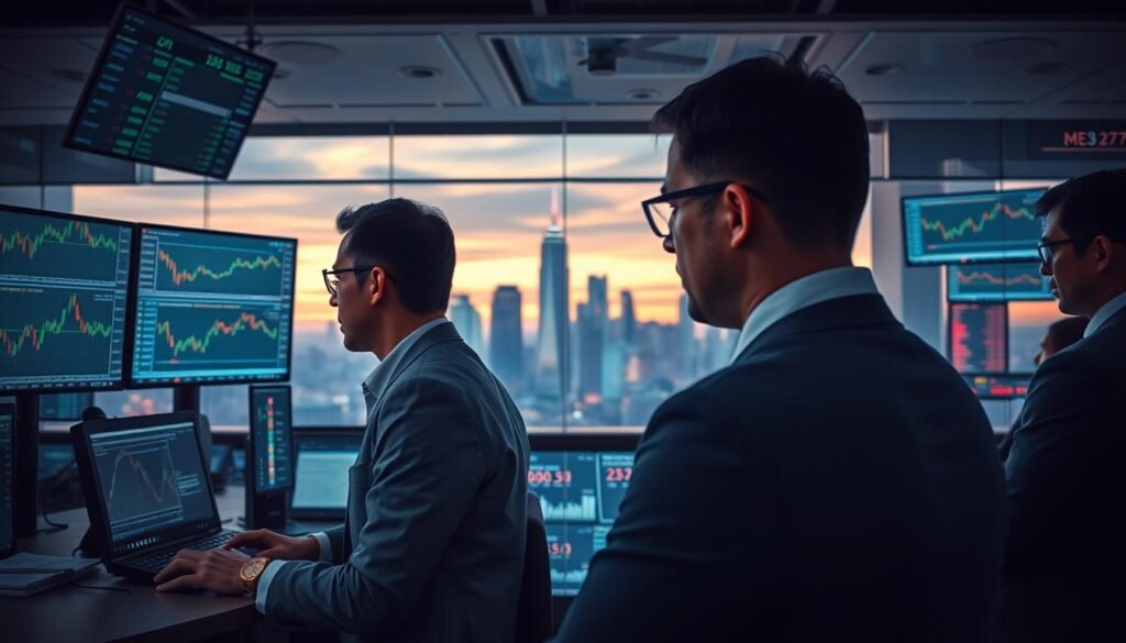 A dynamic financial market scene illustrating various market conditions. In the foreground, a diverse group of professional traders in business attire intensely analyzing multiple screens displaying charts with moving averages, highlighting crossover points. In the middle ground, a clear glass wall separates them from a bustling trading floor filled with fluctuating stock prices, candlestick charts, and volatile indicators. In the background, an atmospheric city skyline at dusk bathed in soft orange and purple hues reflects the dynamic nature of the market. The lighting is moody yet focused, emphasizing the tension and activity of trading. An overall sense of urgency and adaptability permeates the scene, evoking the need for strategic responses to market volatility.