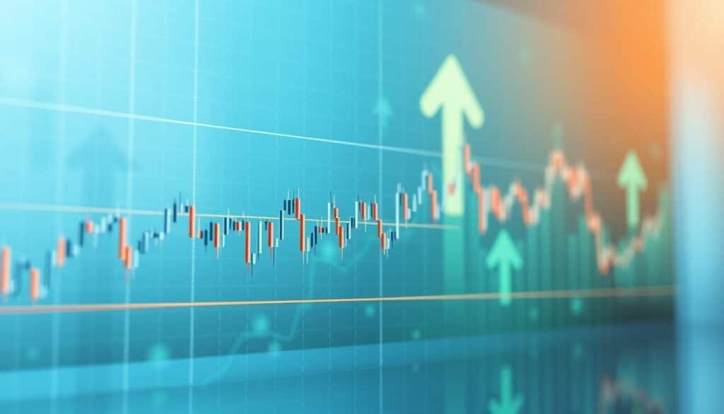 A dynamic illustration of support and resistance levels in financial trading. In the foreground, a detailed line chart showcases price movements, featuring clearly marked horizontal lines indicating support (lower line) and resistance (upper line) zones, along with candlestick patterns. The middle ground includes a gradient background with subtle hints of blue and green, representing market analytics, overlaid with faint gridlines that signify market volatility. The background displays abstract representations of stock market elements, such as upward and downward arrows, giving a sense of movement and fluctuation. The lighting is bright and professional, creating a clear, informative atmosphere. The perspective is slightly angled, conveying depth and focus on the price action elements while maintaining clarity and precision. A dynamic illustration of support and resistance levels in financial trading. In the foreground, a detailed line chart showcases price movements, featuring clearly marked horizontal lines indicating support (lower line) and resistance (upper line) zones, along with candlestick patterns. The middle ground includes a gradient background with subtle hints of blue and green, representing market analytics, overlaid with faint gridlines that signify market volatility. The background displays abstract representations of stock market elements, such as upward and downward arrows, giving a sense of movement and fluctuation. The lighting is bright and professional, creating a clear, informative atmosphere. The perspective is slightly angled, conveying depth and focus on the price action elements while maintaining clarity and precision.