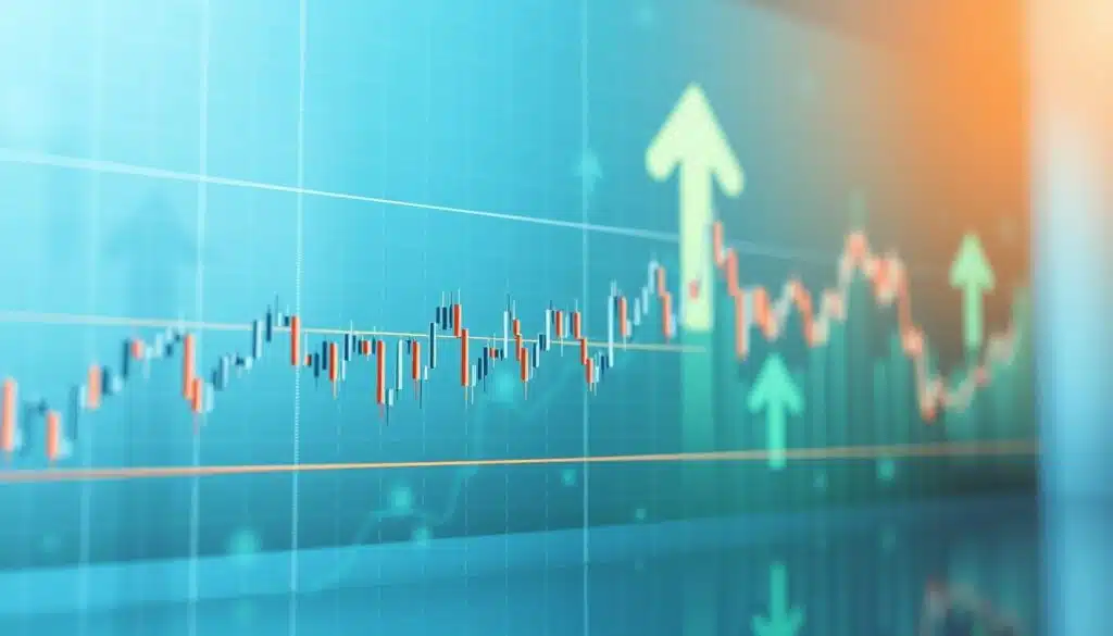 A dynamic illustration of support and resistance levels in financial trading. In the foreground, a detailed line chart showcases price movements, featuring clearly marked horizontal lines indicating support (lower line) and resistance (upper line) zones, along with candlestick patterns. The middle ground includes a gradient background with subtle hints of blue and green, representing market analytics, overlaid with faint gridlines that signify market volatility. The background displays abstract representations of stock market elements, such as upward and downward arrows, giving a sense of movement and fluctuation. The lighting is bright and professional, creating a clear, informative atmosphere. The perspective is slightly angled, conveying depth and focus on the price action elements while maintaining clarity and precision.