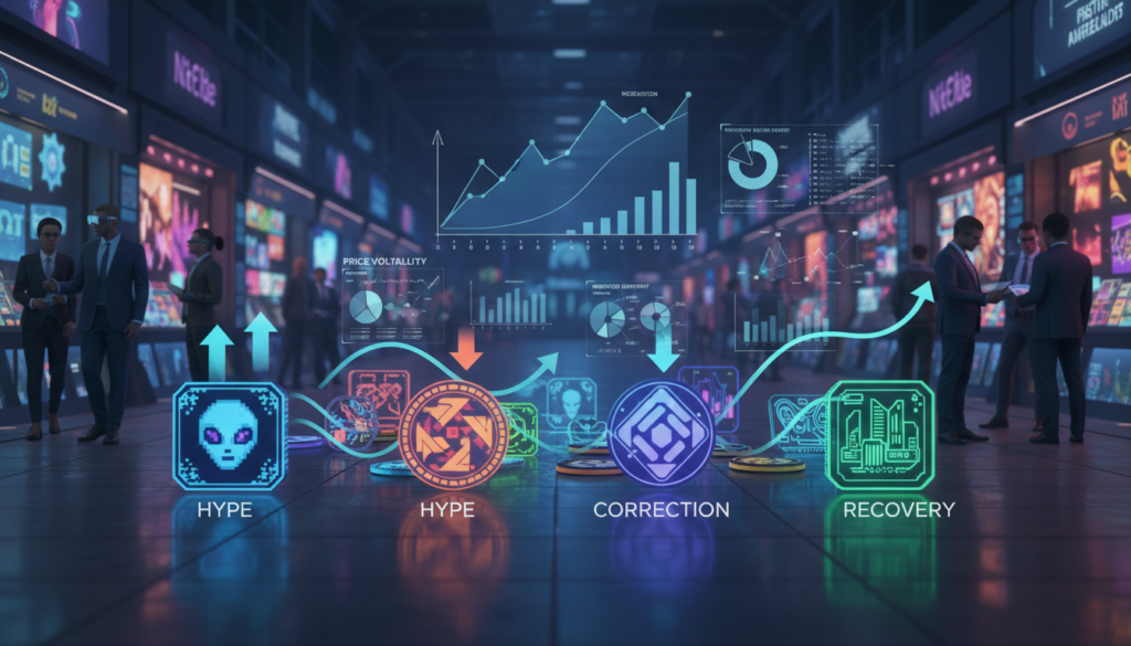 A dynamic infographic representation of the NFT market cycle, showcasing key stages like hype, correction, and recovery. In the foreground, a series of stylized NFT tokens, each uniquely designed with vibrant colors and intricate details, symbolize various digital artworks. The middle section features illustrative graphs and charts indicating market trends, with arrows pointing up and down to signify fluctuating values. The background displays a bustling digital marketplace, with virtual storefronts and avatars of professional traders in smart business attire examining NFTs. The scene is illuminated with a soft, futuristic glow, creating an energetic yet informative atmosphere. Use a wide-angle perspective to encompass the entire cycle, evoking a sense of movement and opportunity in the NFT space. A dynamic infographic representation of the NFT market cycle, showcasing key stages like hype, correction, and recovery. In the foreground, a series of stylized NFT tokens, each uniquely designed with vibrant colors and intricate details, symbolize various digital artworks. The middle section features illustrative graphs and charts indicating market trends, with arrows pointing up and down to signify fluctuating values. The background displays a bustling digital marketplace, with virtual storefronts and avatars of professional traders in smart business attire examining NFTs. The scene is illuminated with a soft, futuristic glow, creating an energetic yet informative atmosphere. Use a wide-angle perspective to encompass the entire cycle, evoking a sense of movement and opportunity in the NFT space.