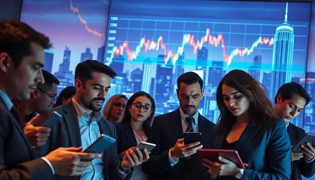 A dynamic scene illustrating "crypto pump-and-dumps" in the financial world. In the foreground, a diverse group of business professionals in business attire, looking at digital devices with expressions of excitement and concern, depicting the thrill and anxiety of trading. In the middle ground, a large digital screen displays a fluctuating cryptocurrency chart with sharp spikes and drops, emphasizing volatility. The background features an abstract city skyline, symbolizing the digital and modern aspect of cryptocurrency, with neon lights reflecting the urgent and fast-paced atmosphere. Soft, ambient lighting highlights the faces of the traders, focusing on the emotional rollercoaster experienced in these schemes. The overall mood is tense and urgent, capturing the essence of modern trading scams.