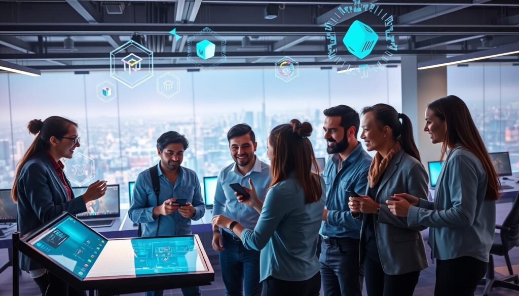 A dynamic scene showcasing a diverse group of engaged gamers and developers collaborating in a vibrant, tech-inspired workspace, illustrating the player base of the Immutable X platform. In the foreground, a diverse team of professionals of varying ethnic backgrounds dressed in smart casual clothing is animatedly discussing game designs around a large digital display. The middle ground features bright, modern gaming setups with immersive screens and mood lighting, emphasizing the interactive nature of NFTs. The background reveals a panoramic view of a futuristic cityscape, with holographic elements representing digital assets floating in the air. Soft, ambient lighting creates a creative and energetic atmosphere, capturing the essence of innovation and collaboration in the gaming industry. The image is composed with a wide-angle lens to enhance the sense of depth and activity within the scene.