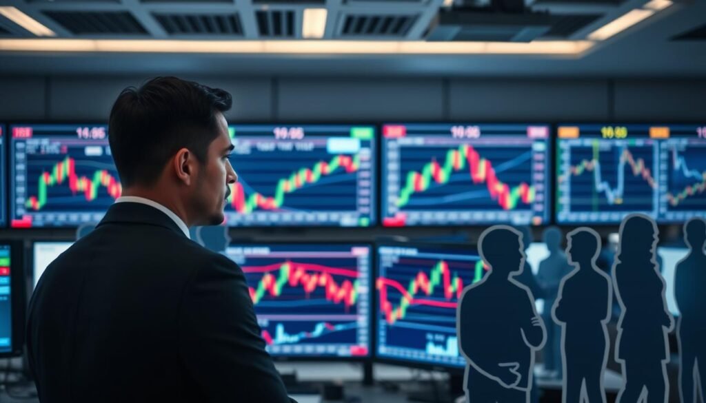 A dynamic trading environment showcasing multiple screens displaying stock charts and currency graphs, depicting various timeframes in trading markets. In the foreground, a focused trader in professional business attire observes chart patterns with intent. The middle ground features vibrant digital displays showing candlestick charts highlighting double bottom formations. The background includes blurred outlines of a bustling financial office with abstract figures engaged in discussion, emphasizing a collaborative atmosphere. Soft lighting enhances the urgency of the trading scene, creating contrasting highlights on the screens. The mood is determined and strategic, capturing the essence of market analysis and decision-making within exciting financial environments.