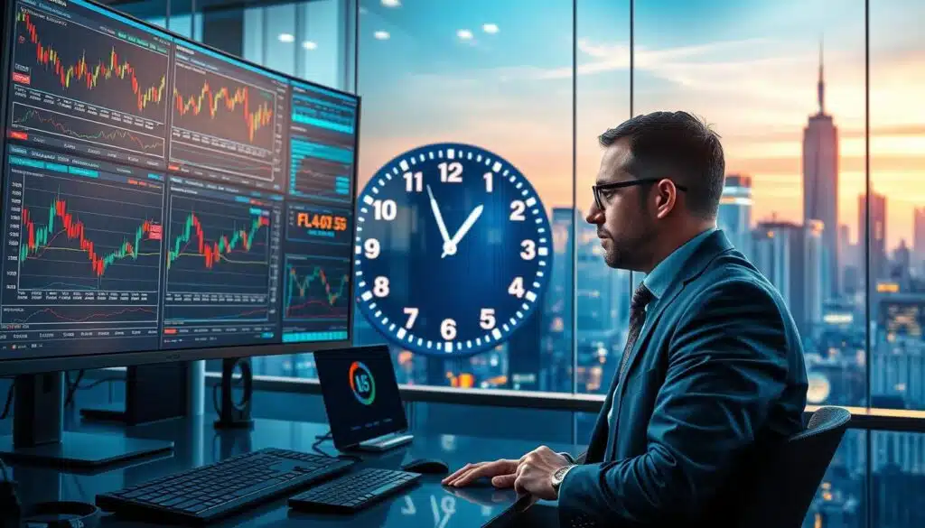 A dynamic trading environment showcasing three distinct sections representing day trading, swing trading, and long-term strategies. In the foreground, a professional trader, dressed in business attire, intently analyzes multiple screens displaying candlestick charts, indicators, and cryptocurrency data. The middle ground features a large digital clock reflecting varying timeframes alongside flowing graphs that transition from short-term spikes to long-term trends. In the background, an abstract representation of a city skyline illuminated by digital billboards displaying crypto market trends, evoking a futuristic atmosphere. The lighting is bright but focused, with a slight blue hue, suggesting innovation and clarity, while reflections on the glass surfaces enhance the sense of depth and complexity in crypto trading strategies.