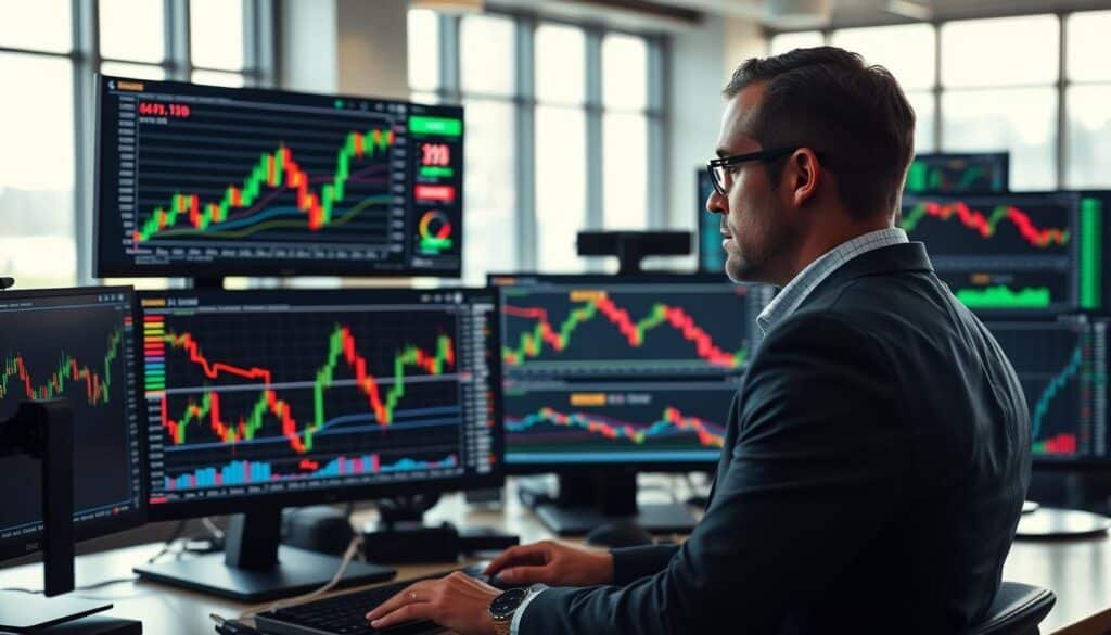 A dynamic trading scene depicting price action analysis in a cryptocurrency trading environment. In the foreground, a professional trader, dressed in business attire, studies multiple screens displaying candlestick charts and volume indicators, showcasing bullish and bearish patterns. In the middle ground, intricate graphs illustrate price movement and volume, highlighted with vibrant colors representing strong market trends. The background features a modern trading office with large windows, allowing natural light to flood the space, creating an energetic and focused atmosphere. Use a slightly elevated camera angle to capture the depth of the scene, emphasizing the complexity of trading decisions. The overall mood conveys collaboration and tension, reflecting the fast-paced nature of crypto trading.