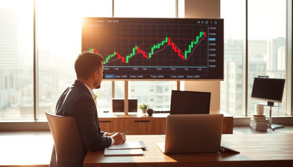 A dynamic trading scene illustrating a "double bottom" chart pattern in a professional setting. In the foreground, a sleek digital screen displays the double bottom formation, with clear upward trending lines and price levels marked in green and red. In the middle, a focused trader, dressed in business attire, analyzes the chart, pivotal tools like a laptop and technical analysis books open beside them. In the background, a modern office with large windows letting in bright, natural light casts a warm glow across the room, enhancing the atmosphere of opportunity and excitement. The mood is invigorating, with an emphasis on clarity and professional vigilance, inviting viewers into the world of bullish trading strategies.