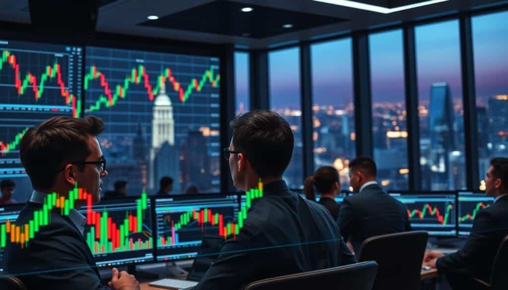 A dynamic visualization of a cryptocurrency market scene, featuring a close-up of various colorful candlestick charts on multiple screens in a modern trading room. In the foreground, focused traders in professional business attire analyze the fluctuating charts, emphasizing their concentration and determination. The middle layer showcases holographic graphs indicating market trends and volume fluctuations, intertwining with flowing data streams in vibrant colors. In the background, large windows reveal a bustling cityscape, illuminated by a twilight glow, creating a sense of urgency and energy in the market. The overall atmosphere is tense yet optimistic, highlighting the importance of understanding crypto charts amid today’s volatile market conditions. The lighting is bright and sharp, simulating the glow of screens reflecting off polished surfaces.