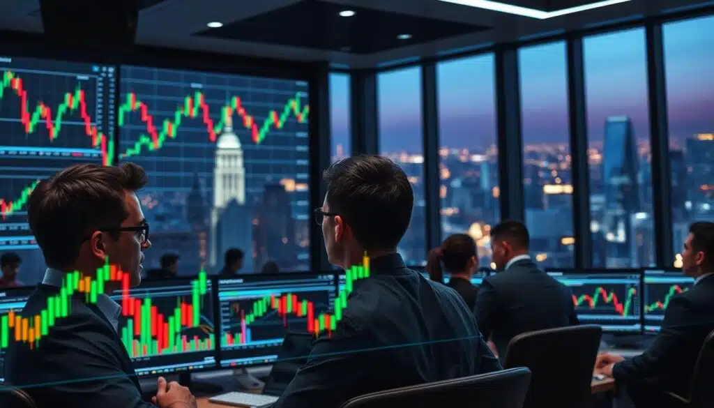 A dynamic visualization of a cryptocurrency market scene, featuring a close-up of various colorful candlestick charts on multiple screens in a modern trading room. In the foreground, focused traders in professional business attire analyze the fluctuating charts, emphasizing their concentration and determination. The middle layer showcases holographic graphs indicating market trends and volume fluctuations, intertwining with flowing data streams in vibrant colors. In the background, large windows reveal a bustling cityscape, illuminated by a twilight glow, creating a sense of urgency and energy in the market. The overall atmosphere is tense yet optimistic, highlighting the importance of understanding crypto charts amid today’s volatile market conditions. The lighting is bright and sharp, simulating the glow of screens reflecting off polished surfaces.