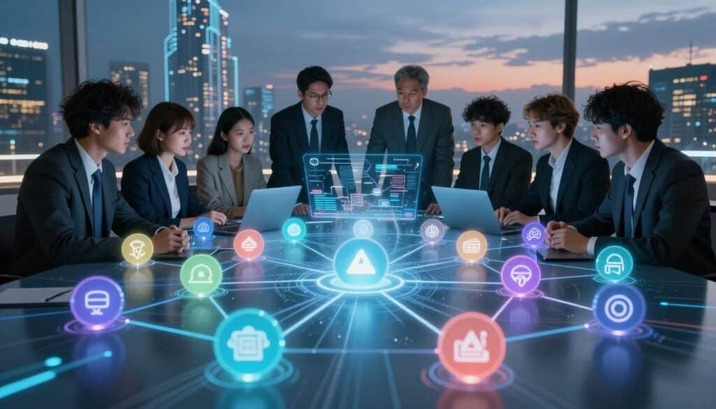 A dynamic visualization of cross-chain messaging in blockchain technology, featuring a central digital network of interconnected nodes that symbolize various blockchains. In the foreground, intricate icons representing different blockchain protocols glow with soft neon colors, connecting through luminous data streams. In the middle ground, a professional team of diverse individuals, dressed in business attire, collaborates over a holographic display, brainstorming and analyzing the cross-chain communication process, with thoughtful expressions. The background depicts a futuristic cityscape, under a twilight sky, with circuit-like patterns glowing on buildings, reflecting an advanced technological atmosphere. The scene is illuminated by cool lighting, creating an innovative and collaborative mood, viewed from a slightly elevated angle to capture the complexity of the network. A dynamic visualization of cross-chain messaging in blockchain technology, featuring a central digital network of interconnected nodes that symbolize various blockchains. In the foreground, intricate icons representing different blockchain protocols glow with soft neon colors, connecting through luminous data streams. In the middle ground, a professional team of diverse individuals, dressed in business attire, collaborates over a holographic display, brainstorming and analyzing the cross-chain communication process, with thoughtful expressions. The background depicts a futuristic cityscape, under a twilight sky, with circuit-like patterns glowing on buildings, reflecting an advanced technological atmosphere. The scene is illuminated by cool lighting, creating an innovative and collaborative mood, viewed from a slightly elevated angle to capture the complexity of the network.