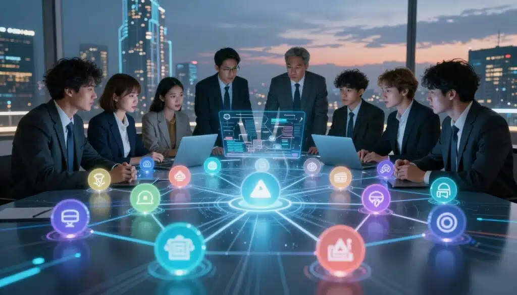 A dynamic visualization of cross-chain messaging in blockchain technology, featuring a central digital network of interconnected nodes that symbolize various blockchains. In the foreground, intricate icons representing different blockchain protocols glow with soft neon colors, connecting through luminous data streams. In the middle ground, a professional team of diverse individuals, dressed in business attire, collaborates over a holographic display, brainstorming and analyzing the cross-chain communication process, with thoughtful expressions. The background depicts a futuristic cityscape, under a twilight sky, with circuit-like patterns glowing on buildings, reflecting an advanced technological atmosphere. The scene is illuminated by cool lighting, creating an innovative and collaborative mood, viewed from a slightly elevated angle to capture the complexity of the network.
