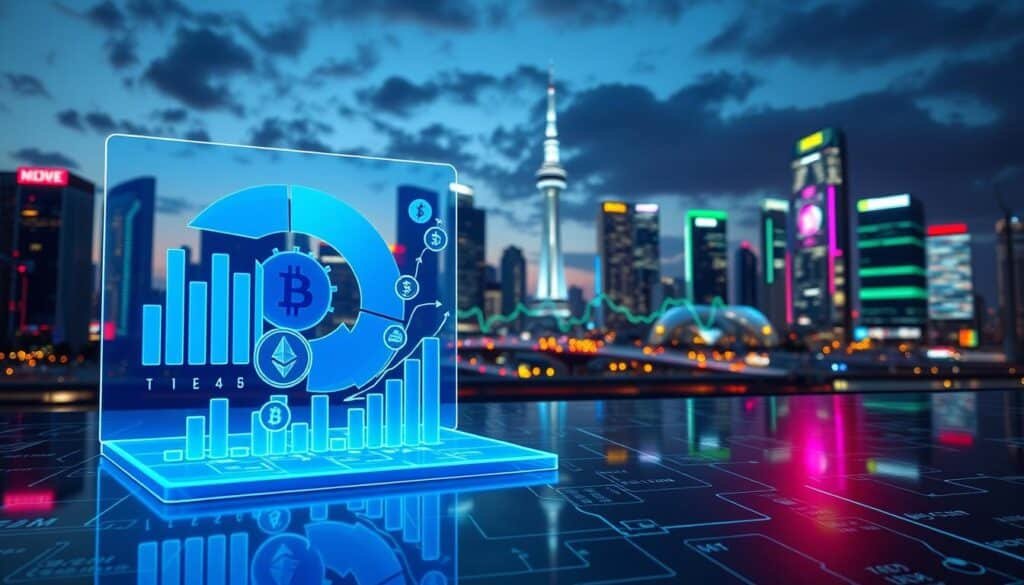 A dynamic visualization of cryptocurrency market capitalization, featuring a futuristic digital landscape. In the foreground, a 3D holographic display shows various cryptocurrency symbols like Bitcoin, Ethereum, and Litecoin arranged in a pie chart format, highlighting their market caps. The middle ground includes stylized bar graphs and fluctuating digital lines that represent market trends, all glowing in vibrant colors such as blue and green. The background features a city skyline at dusk, illuminated by neon lights and digital screens showcasing financial data. The lighting is vibrant and dynamic, casting reflections and highlights on the surface. The atmosphere is energetic and futuristic, symbolizing innovation and growth in the cryptocurrency sector.