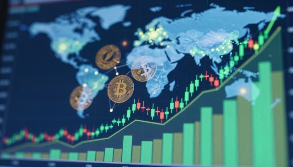 A dynamic visualization of trading volume in cryptocurrency markets, focusing on vibrant, upward-trending graphs and candlestick charts in the foreground, showcasing fluctuating volume bars in varying colors. In the middle ground, an abstract depiction of cryptocurrency symbols like Bitcoin and Ethereum intertwined, emphasizing their connection to trading volume. The background features a digital world map with glowing nodes representing global exchanges, symbolizing interconnected markets. Use soft, diffused lighting to create a professional atmosphere, with a slight bokeh effect to add depth. Capture the mood of active trading with a sense of urgency and innovation, incorporating cooler tones like blue and green to convey technology and finance.