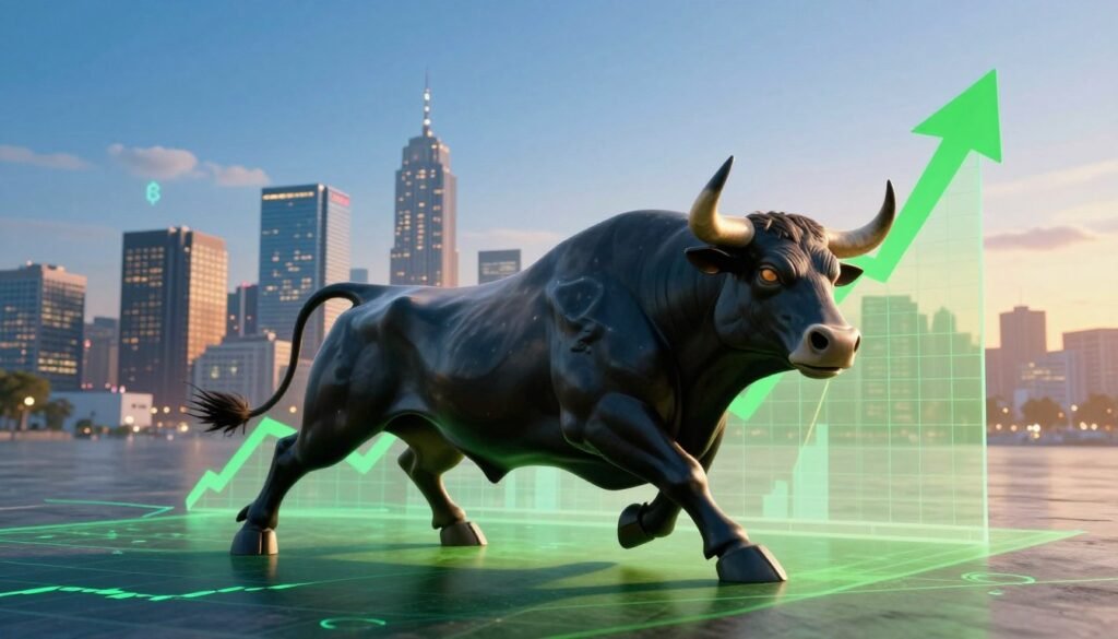 A dynamic, visually striking representation of a bull market in cryptocurrency. In the foreground, a powerful, stylized bull, symbolizing upward momentum, is charging ahead, with a backdrop of soaring green stock charts imprinted on the ground. In the middle, an illuminated city skyline under the dawn light signifies growth and prosperity, with digital currency symbols subtly integrated into the buildings. The background features a clear blue sky transitioning into warm hues of sunrise, representing optimism and new beginnings. The lighting is bright and uplifting, with a focus on clarity and energy. This scene conveys a mood of enthusiasm and confidence in the cryptocurrency market, illustrating the excitement of a bull market. A dynamic, visually striking representation of a bull market in cryptocurrency. In the foreground, a powerful, stylized bull, symbolizing upward momentum, is charging ahead, with a backdrop of soaring green stock charts imprinted on the ground. In the middle, an illuminated city skyline under the dawn light signifies growth and prosperity, with digital currency symbols subtly integrated into the buildings. The background features a clear blue sky transitioning into warm hues of sunrise, representing optimism and new beginnings. The lighting is bright and uplifting, with a focus on clarity and energy. This scene conveys a mood of enthusiasm and confidence in the cryptocurrency market, illustrating the excitement of a bull market.