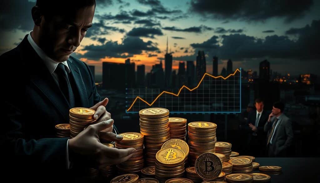 A foreboding depiction of a modern-day Ponzi scheme in the cryptocurrency world. In the foreground, a shadowy figure in a tailored business suit is counting stacks of shiny, golden coins labeled with various cryptocurrency logos. Their facial expression is secretive, conveying an air of deception. In the middle ground, a group of diverse, concerned investors in business attire are gathered, looking at a digital graph displaying a steep decline, symbolizing loss and despair. The background features a dark city skyline at dusk, with ominous clouds and flickering lights representing uncertainty. The overall atmosphere is tense and unsettling, illuminated by dim, harsh lighting that casts long shadows, enhancing the sense of danger and distrust in the crypto market.