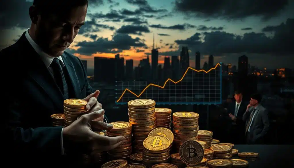 A foreboding depiction of a modern-day Ponzi scheme in the cryptocurrency world. In the foreground, a shadowy figure in a tailored business suit is counting stacks of shiny, golden coins labeled with various cryptocurrency logos. Their facial expression is secretive, conveying an air of deception. In the middle ground, a group of diverse, concerned investors in business attire are gathered, looking at a digital graph displaying a steep decline, symbolizing loss and despair. The background features a dark city skyline at dusk, with ominous clouds and flickering lights representing uncertainty. The overall atmosphere is tense and unsettling, illuminated by dim, harsh lighting that casts long shadows, enhancing the sense of danger and distrust in the crypto market. A foreboding depiction of a modern-day Ponzi scheme in the cryptocurrency world. In the foreground, a shadowy figure in a tailored business suit is counting stacks of shiny, golden coins labeled with various cryptocurrency logos. Their facial expression is secretive, conveying an air of deception. In the middle ground, a group of diverse, concerned investors in business attire are gathered, looking at a digital graph displaying a steep decline, symbolizing loss and despair. The background features a dark city skyline at dusk, with ominous clouds and flickering lights representing uncertainty. The overall atmosphere is tense and unsettling, illuminated by dim, harsh lighting that casts long shadows, enhancing the sense of danger and distrust in the crypto market.