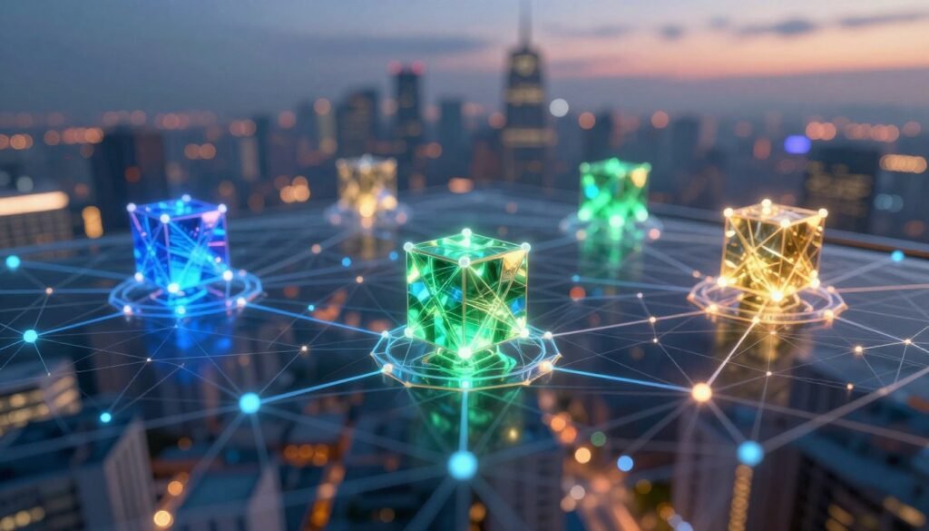 A futuristic blockchain network visualized as a complex digital web of interconnected nodes and glowing lines, representing a distributed architecture. In the foreground, three-dimensional blockchain nodes are depicted as luminous cubes, showcasing vibrant colors like blue, green, and gold, symbolizing data integrity and decentralization. The middle layer features a dynamic grid structure, illustrating data flow between nodes. In the background, a blurred city skyline is illuminated at dusk, conveying a cutting-edge technology environment. Soft focus lighting highlights the nodes, creating a sense of depth. A high-angle view captures the network's architecture, exuding a sense of innovation and advancement. The overall mood is energetic and forward-looking, reflecting the transformative nature of blockchain technology.