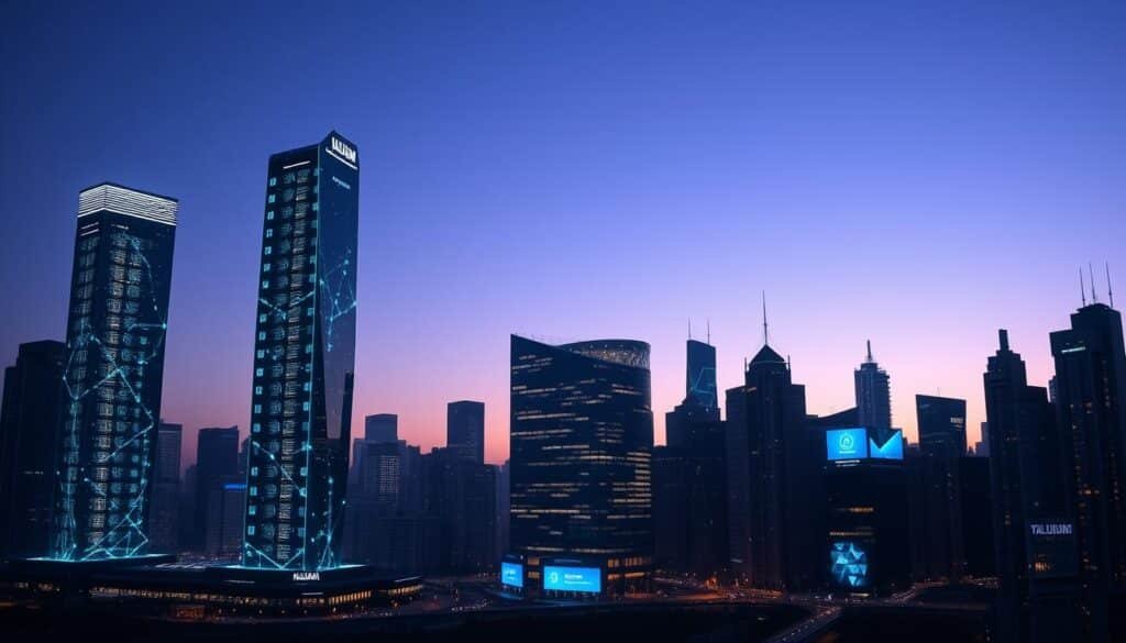 A futuristic city skyline at dusk, vividly showcasing the concept of scalability in technology. In the foreground, sleek, transparent towers represent high-performance blockchain transactions, interconnected with glowing data streams of light. The middle ground features modern office buildings with digital displays illustrating increased efficiency and reduced costs. The background displays a soft gradient sky transitioning from deep blue to purple, symbolizing innovation and potential. Soft, ambient lighting envelops the scene, highlighting the structures' cutting-edge designs. An overall atmosphere of progress and security permeates the image, inviting viewers to envision a future of enhanced blockchain technology through Validium. No people or clutter present, ensuring a clean focus on the architectural elements.