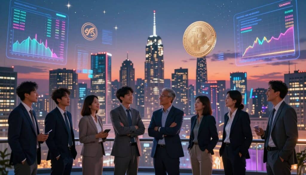 A futuristic city skyline at twilight, symbolizing the vibrant world of cryptocurrency and altcoin seasons. In the foreground, a diverse group of professionals in business attire are excitedly discussing digital assets, their expressions reflecting hope and anticipation. The middle section features various altcoin logos and market charts projected on digital screens that illuminate the scene with colorful lights. The background displays a sunset sky transitioning into night, with the moon rising and stars appearing, representing a new phase in the crypto market. Soft glow and reflections on glass surfaces add depth to the scene, creating an atmosphere of innovation and optimism. The overall mood is energetic and forward-looking, capturing the essence of the evolving crypto landscape. A futuristic city skyline at twilight, symbolizing the vibrant world of cryptocurrency and altcoin seasons. In the foreground, a diverse group of professionals in business attire are excitedly discussing digital assets, their expressions reflecting hope and anticipation. The middle section features various altcoin logos and market charts projected on digital screens that illuminate the scene with colorful lights. The background displays a sunset sky transitioning into night, with the moon rising and stars appearing, representing a new phase in the crypto market. Soft glow and reflections on glass surfaces add depth to the scene, creating an atmosphere of innovation and optimism. The overall mood is energetic and forward-looking, capturing the essence of the evolving crypto landscape.