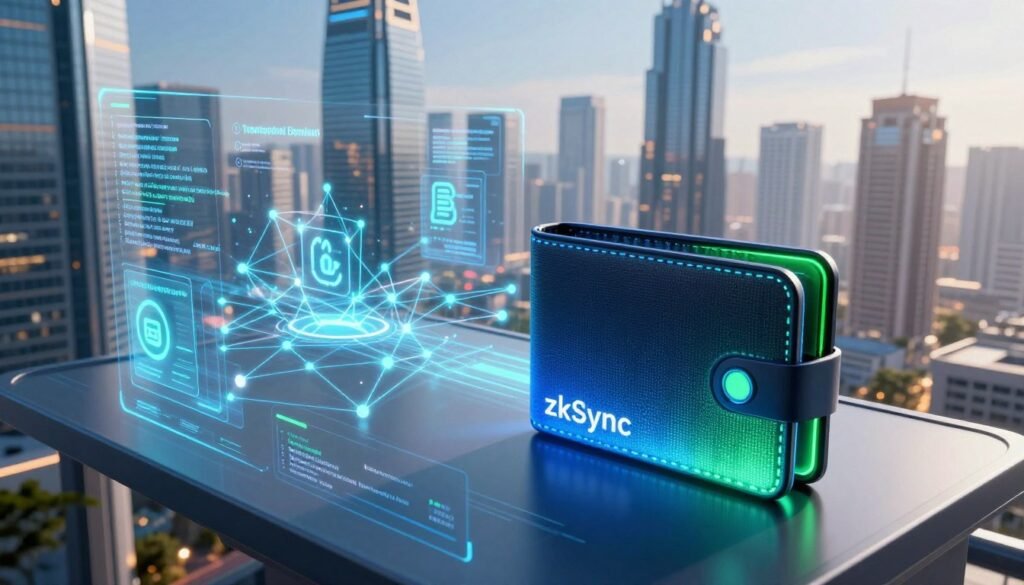 A futuristic cityscape featuring a digital interface representing zkSync integration for faster transactions. In the foreground, illustrate a sleek, modern smart wallet glowing with vibrant blue and green lights, symbolizing security and efficiency. The middle ground showcases glowing decentralized applications (DApps) connected through intricate blockchain networks, with transaction data flowing visibly across the screen. In the background, tall skyscrapers with holographic displays emphasize the urban DeFi ecosystem, under a clear, bright sky. Use dramatic lighting to create a dynamic atmosphere, highlighting the wallet and digital elements. The angle should be slightly elevated, giving a panoramic view of the technological landscape, capturing the excitement of rapid financial transactions.