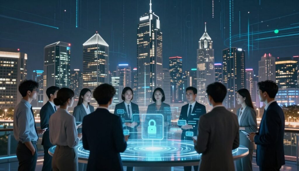 A futuristic cityscape illustrating blockchain transparency and security. In the foreground, a diverse group of professionals in business attire gather around a transparent holographic interface displaying interconnected blocks and digital transactions. The middle ground features a sleek, modern city skyline with buildings made of glass and steel, symbolizing advancement and innovation. The background includes a night sky illuminated by vibrant digital lines and flowing data streams, showcasing the constant flow of information. Soft blue and green lighting enhances the technological atmosphere, creating a sense of trust and professionalism. The scene captures a dynamic, forward-thinking mood, emphasizing that blockchain technology extends beyond cryptocurrency into various industries. No text or additional elements should be present.