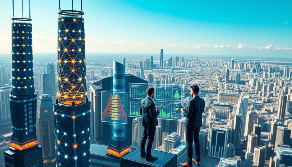 A futuristic cityscape representing blockchain scalability in the foreground, featuring towering digital structures made of luminous nodes and interconnected lines symbolizing data flow. In the middle ground, developers in professional business attire collaborate around holographic displays of vibrant blockchain graphs and charts, illustrating the pros and cons of scaling solutions. The background shows a sprawling metropolis with a bright blue sky, hinting at advanced technology and innovation. Utilize soft, ambient lighting to create a hopeful and dynamic atmosphere, with a focus on clarity and detail. The overall mood conveys progress and the potential of Ethereum’s Plasma framework to enhance scalability. Use a wide-angle lens to capture the vastness of the city and the intricate designs of the structures.