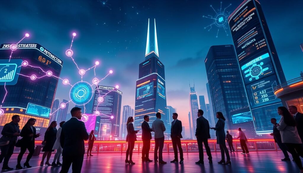 A futuristic cityscape representing the zkSync Era, featuring vibrant digital nodes connected by luminous circuits, symbolizing fast and cheap transactions. In the foreground, diverse professionals, dressed in business attire, are engaged in discussion, analyzing glowing holographic charts representing transaction speeds and costs. The middle ground showcases sleek buildings with integrated digital displays illustrating the benefits of blockchain technology. The background features a twilight sky with digital constellations representing the decentralized network, adding a sense of innovation. Soft, ambient lighting illuminates the scene, creating a dynamic and optimistic atmosphere, while a low-angle perspective enhances the sense of scale and progress, emphasizing the transformative nature of zkSync technology. A futuristic cityscape representing the zkSync Era, featuring vibrant digital nodes connected by luminous circuits, symbolizing fast and cheap transactions. In the foreground, diverse professionals, dressed in business attire, are engaged in discussion, analyzing glowing holographic charts representing transaction speeds and costs. The middle ground showcases sleek buildings with integrated digital displays illustrating the benefits of blockchain technology. The background features a twilight sky with digital constellations representing the decentralized network, adding a sense of innovation. Soft, ambient lighting illuminates the scene, creating a dynamic and optimistic atmosphere, while a low-angle perspective enhances the sense of scale and progress, emphasizing the transformative nature of zkSync technology.