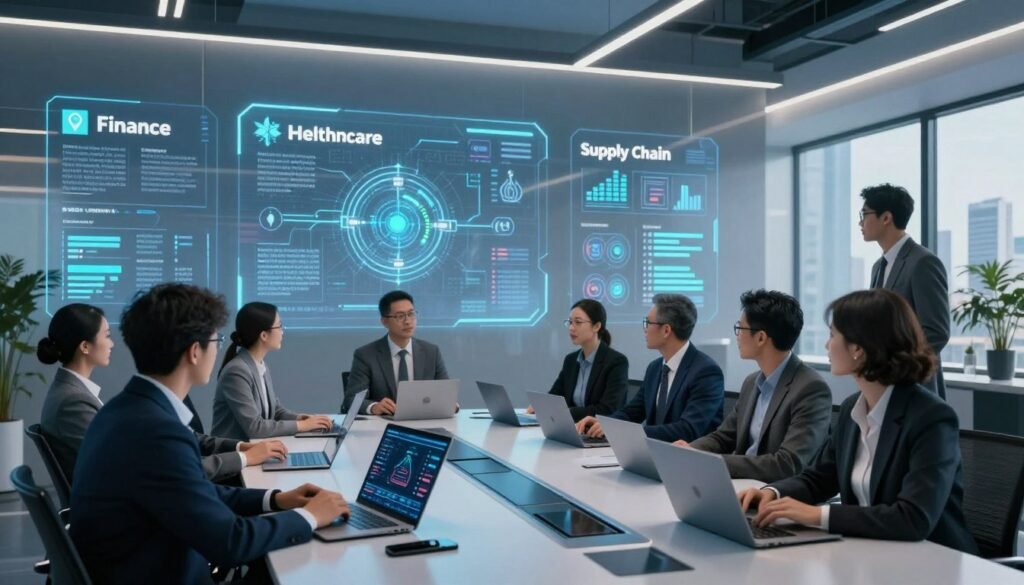 A futuristic corporate setting showcasing high-impact use cases of enterprise blockchain technology. In the foreground, a diverse group of professionals in smart business attire, engaged in a strategic meeting around a sleek conference table with digital devices displaying blockchain diagrams and analytics. The middle ground features transparent screens highlighting different industry sectors such as finance, healthcare, supply chain, and logistics, each represented by dynamic icons and data flows. The background includes a modern office with large windows, allowing natural light to flood the space, and a city skyline visible outside. The atmosphere is one of innovation and collaboration, emphasizing the transformative power of blockchain technology in various industries. Soft, ambient lighting enhances the professional tone of the environment.