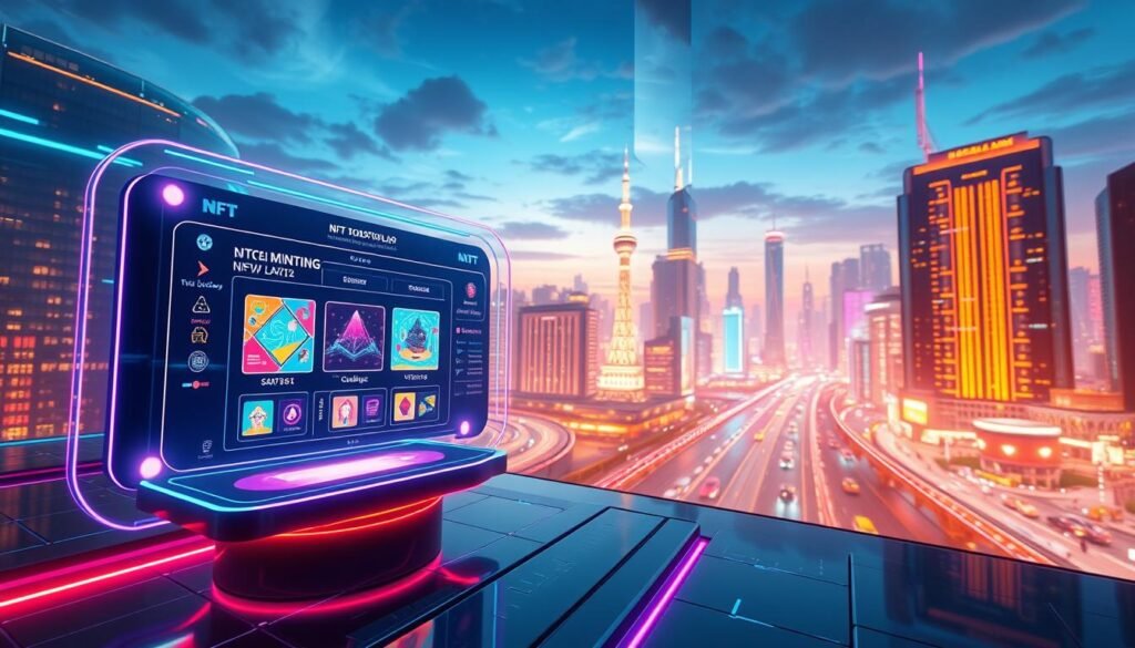 A futuristic digital art scene depicting NFT minting on a Layer 2 blockchain, inspired by Loopring zkrollup technology. In the foreground, visualize a sleek holographic interface showing the minting process, with vibrant graphics of NFTs represented as colorful digital artworks. In the middle ground, display abstract representations of transactions and data transfers, symbolizing movement between Layer 1 and Layer 2. The background features a high-tech urban landscape with glowing skyscrapers and a digital skyline, illuminated by bright neon lights. Use a wide-angle lens effect to create an immersive depth, and apply dynamic lighting that reflects excitement and innovation. Overall, the atmosphere should feel modern, energetic, and forward-looking, encapsulating the essence of digital asset creation and trading. A futuristic digital art scene depicting NFT minting on a Layer 2 blockchain, inspired by Loopring zkrollup technology. In the foreground, visualize a sleek holographic interface showing the minting process, with vibrant graphics of NFTs represented as colorful digital artworks. In the middle ground, display abstract representations of transactions and data transfers, symbolizing movement between Layer 1 and Layer 2. The background features a high-tech urban landscape with glowing skyscrapers and a digital skyline, illuminated by bright neon lights. Use a wide-angle lens effect to create an immersive depth, and apply dynamic lighting that reflects excitement and innovation. Overall, the atmosphere should feel modern, energetic, and forward-looking, encapsulating the essence of digital asset creation and trading.