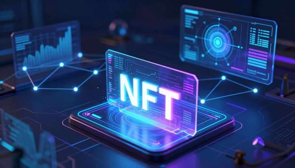 A futuristic digital art scene illustrating dynamic NFTs in action. In the foreground, a sleek holographic display shows a vibrant, animated NFT that evolves in real-time, showcasing various data points like market prices and user interactions. The middle ground features a network of interconnected smart contracts represented by glowing lines and nodes, symbolizing the blockchain technology behind them. In the background, a stylized oracle interface streams live data, surrounded by abstract visuals of charts and graphs. The environment is lit with a cool blue and purple glow to convey a tech-savvy atmosphere. The perspective should be slightly elevated, giving a bird’s-eye view of this digital ecosystem, evoking a sense of innovation and complexity. A futuristic digital art scene illustrating dynamic NFTs in action. In the foreground, a sleek holographic display shows a vibrant, animated NFT that evolves in real-time, showcasing various data points like market prices and user interactions. The middle ground features a network of interconnected smart contracts represented by glowing lines and nodes, symbolizing the blockchain technology behind them. In the background, a stylized oracle interface streams live data, surrounded by abstract visuals of charts and graphs. The environment is lit with a cool blue and purple glow to convey a tech-savvy atmosphere. The perspective should be slightly elevated, giving a bird’s-eye view of this digital ecosystem, evoking a sense of innovation and complexity.