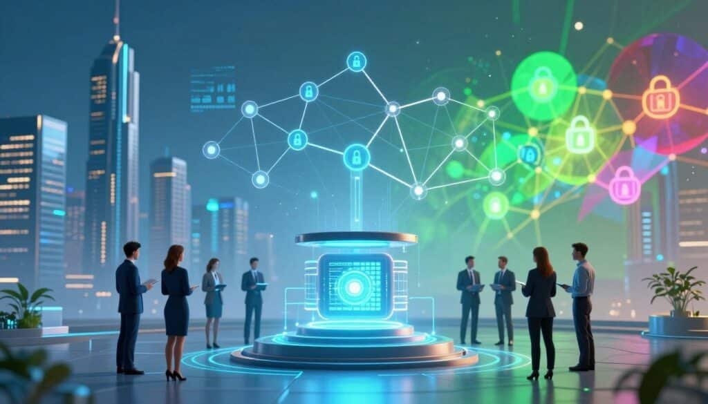 A futuristic digital landscape depicting two contrasting models of control and trust in technology. In the foreground, a stylized central database with a glowing core, representing centralized management, surrounded by figures in professional business attire discussing data flow. In the middle ground, a decentralized network diagram featuring interconnected nodes and blockchain chains, illustrating unrestrained access and security. The background showcases a split scene: one half with sleek skyscrapers symbolizing centralized systems, and the other half with abstract representations of multiple secure nodes in vibrant colors, symbolizing decentralization. Soft blue and green lighting enhances the tech ambiance, with a slight haze to create depth. The overall mood is thought-provoking and innovative, inviting the viewer to contemplate the future of data management.
