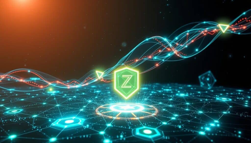 A futuristic digital landscape depicting zk-SNARKs zero-knowledge proofs as glowing data streams and intricate geometric patterns flowing through a secure network. In the foreground, a central, illuminated shield symbol representing privacy, surrounded by vibrant, swirling abstract representations of blockchain technology. The middle ground features interconnected nodes and circuits, symbolizing secure transactions, with ethereal light creating a sense of movement. The background is a dark, starry sky, adding depth and a sense of infinity. Soft, electronic lighting enhances the high-tech feel, while a slight lens flare adds visual interest. The overall mood is mysterious yet optimistic, conveying the potential of privacy in digital transactions, particularly related to Zcash. A futuristic digital landscape depicting zk-SNARKs zero-knowledge proofs as glowing data streams and intricate geometric patterns flowing through a secure network. In the foreground, a central, illuminated shield symbol representing privacy, surrounded by vibrant, swirling abstract representations of blockchain technology. The middle ground features interconnected nodes and circuits, symbolizing secure transactions, with ethereal light creating a sense of movement. The background is a dark, starry sky, adding depth and a sense of infinity. Soft, electronic lighting enhances the high-tech feel, while a slight lens flare adds visual interest. The overall mood is mysterious yet optimistic, conveying the potential of privacy in digital transactions, particularly related to Zcash.