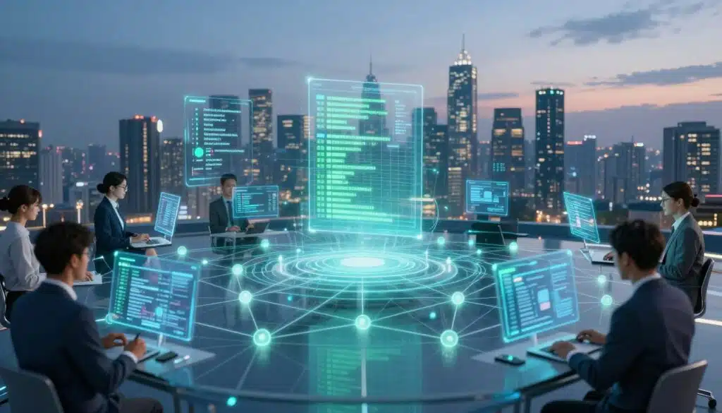 A futuristic digital landscape illustrating blockchain transactions, with a focus on a network of glowing interconnected nodes and lines symbolizing data flow. In the foreground, a diverse group of professional developers in business attire interact with holographic interfaces displaying transaction details. The middle ground features a dynamic digital ledger with animated blocks representing secure transactions, and visual indicators of processing speed. The background is a sleek city skyline under a twilight sky, illuminated by soft blue and green lighting to convey innovation. The overall atmosphere is one of technological advancement and collaboration, captured from a slightly elevated angle to provide depth and perspective.