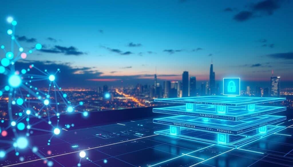 A futuristic digital landscape illustrating "data availability" in blockchain technology, set in a sleek, high-tech environment. In the foreground, floating holographic data streams and nodes representing repositories of information, pulsating with neon blue and green light. The middle ground features an abstract representation of Validium technology, showcasing interconnected layers of blockchain blocks with visually distinct security features. The background consists of an urban skyline, subtly illuminated under a twilight sky, symbolizing progress and innovation. The scene is illuminated with dynamic, soft lighting that highlights the transparency and security of the data layers. The mood is optimistic and forward-thinking, evoking a sense of trust and reliability in the future of blockchain scalability and security.