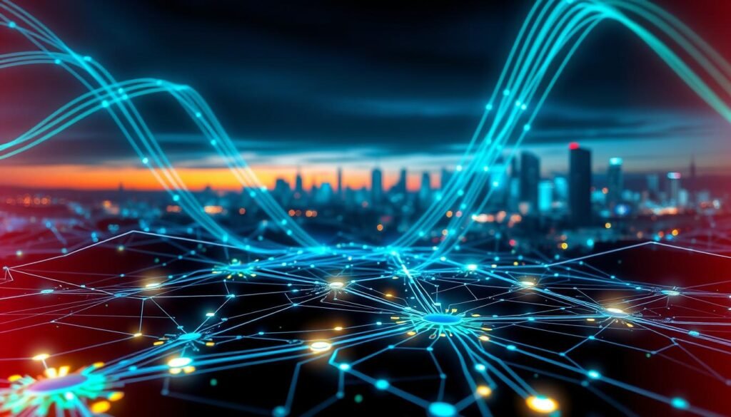 A futuristic digital landscape illustrating routing networks, with vibrant, interconnected pathways glowing in blue and green hues. In the foreground, intricate nodes resembling circuit boards and data hubs emit light as they transmit signals. The middle layer features a complex web of pathways representing data routes, with arrows indicating direction and flow. The background displays abstract representations of the internet and blockchain technology, with a soft focus on a city skyline at dusk, highlighting connectivity and urban sophistication. The scene is illuminated with a mix of ambient and neon lights, creating a dynamic atmosphere that conveys innovation and reliability in network routing. The overall composition is sleek and modern, capturing the essence of advanced technology in motion.